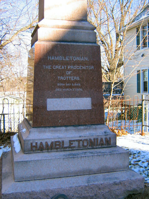 close up of inscription at the base of the Hambletonian monument